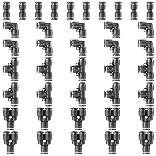 TAILONZ PNEUMATIC Black 1/4 Inch od Push to Connect Fittings Pneumatic Fittings Kit 10 Spliters+10 Elbows+10 tee+10 Straight (40 pcs) - color: Black, size: 1/4"OD/40PCS