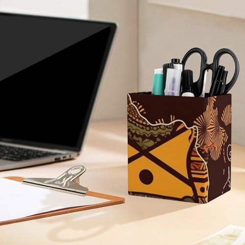 Pen Holder Leather Pencil Holder for Desk African Map Ethnic Pattern Desktop Stationery Pen Cup Desk Accessories Holder Makeup Brush Storage Organizer for Work Home Art Supply 3.9" X 3.1" - color: African Map Ethnic Pattern