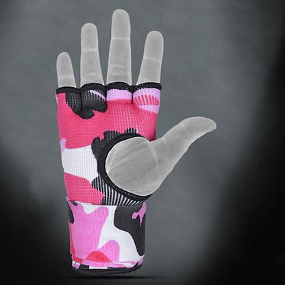 DEFY Padded Inner Gloves Quick 75cm Long Strap – Inner Boxing Gloves Gel Padded Knuckle Protection – Elasticated Boxing Hand Wraps for MMA Muay Thai Kickboxing Martial Arts Pair - color: Pink Camo, size: X-Large