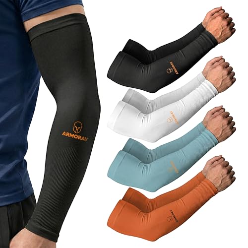 ARMORAY Arm Sleeves for Men and Women - UV Sun Protection Cooling Compression - Tattoo Cover Up Sleeve for Daily Wear & Work - color: Black + White + Blue + Orange (4 Pairs)