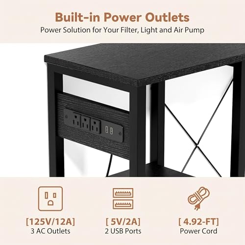 GRLEAF 5-10 Gallon Fish Tank Stand with Power Outlets, 4 Tier Metal Aquarium Stand with Wood Storage Shelves, 20.3" L x 10.6" W x 30.3" H Turtle Reptile Fish Tank Table Aquarium Table - Black - size: 5-10 Gallon