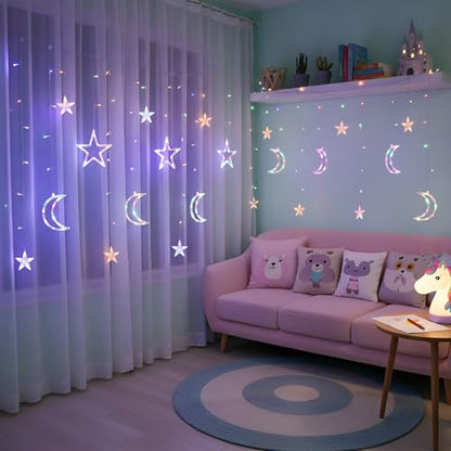 Star Moon Curtain String Light, 120 LED, 11.5 ft / 3.5 m, USB Dimmable with Remote, Multicolor Fairy Icicle Light for Window, Holiday, Party