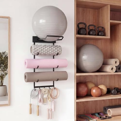 Geelin Yoga Mat and Ball Holder Wall Mount, 4-Tier Yoga Mat & Ball Storage Rack, Home Gym Organizer, Black Metal Floating Shelf for Hanging Foam Rollers & Resistance Bands (5 Hooks Style,Black) - color: Black