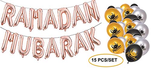 Ramadan Kareem Eid Mubarak Decoration Bunting Aluminum Foil Balloon and Latex Balloons Islamic Muslim Balloons Party Black, Gold & Silver Aluminum Foil 16" | Latex 12" Each (Rose Gold+15pcs)