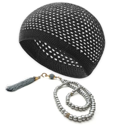 ESERRA Kufi Hats for Men and Women with 99 Tasbih Prayer Beads, Muslim Thick Breathable Skull Cap, Tasbeeh, Prayer Cap - color: Gray