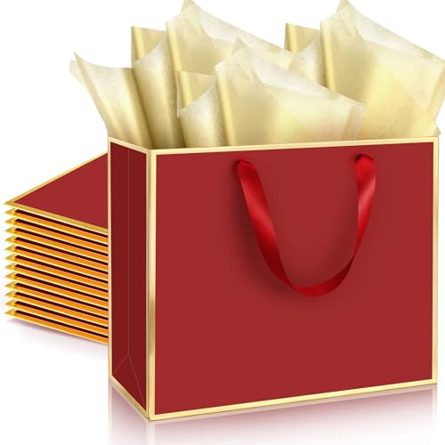 ReliThick 12 Pack Paper Gift Bag with Handles & Tissue, Burgundy Red,Gold - color: Burgundy Red,Gold