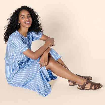Amazon Essentials Women's Relaxed Fit Half-Sleeve Breathable Button Front Drawstring Waist Midi A-Line Dress with Pockets - color: French Blue/White Stripe, size: Large