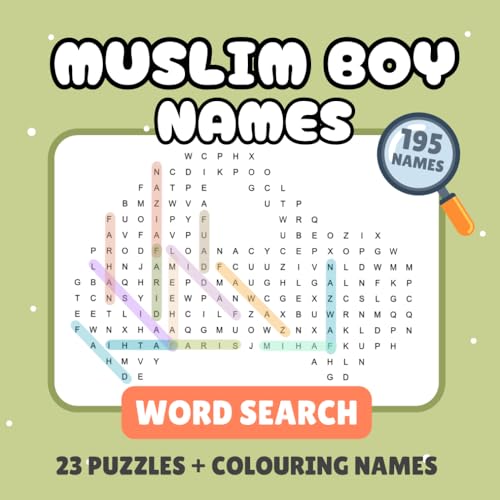 Muslim Boys Names - Word Search: Fun Puzzles with Coloring Pages - Word Search for Kids Ages 9 to 12 - Islamic Names for Muslim Babies