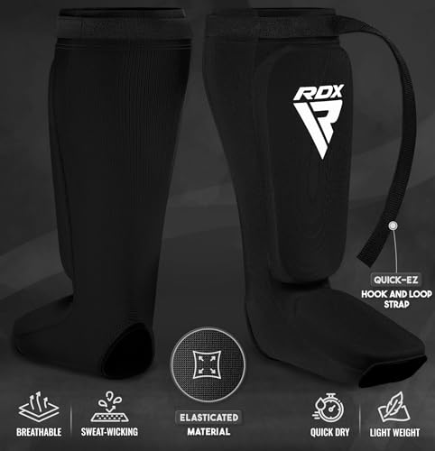 RDX Shin Guards Kickboxing Muay Thai, SATRA Approved, MMA Leg Instep Protection Pads, Sparring Training Martial Arts Boxing, Elasticated Padded Protector, Karate BJJ Taekwondo Gear, Men Women - color: Black, size: Large