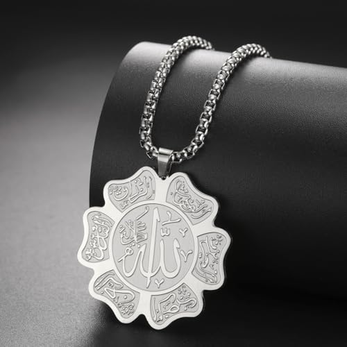 UNIFT Islamic Allah Necklace for Women Men Stainless Steel Muslim Allah Arabic Petal Shape Pendant Necklace Islam Religious Jewelry Eid Ramadan Gifts - color: silver