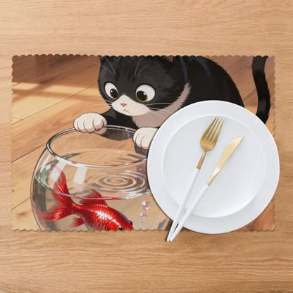 Cat Fish Tank Washable Placemats Set of 6-Heat Resistant Dining Table Mats, Non Slip Kitchen Table Decor