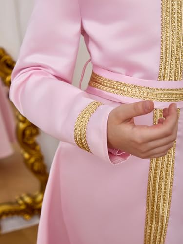 ABAO SISTER Girls Muslim Ramadan Abaya Kids Long Sleeve V Neck Prayer Dress Middle East Arabic Dubai Attire Kaftan Dress - color: Pink, size: 6