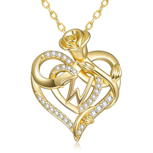 14k Gold Plated Heart Initial Necklaces for Women - style: Letter W