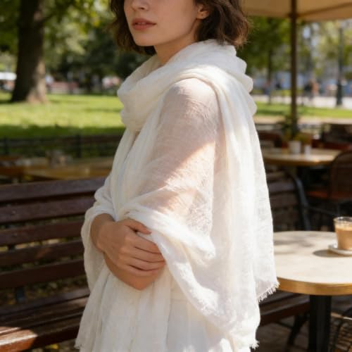 Nydotd Women Summer Cotton Linen Scarf Crinkle Long Beach Shawl Wrap hijab with Fringe - color: Cream White