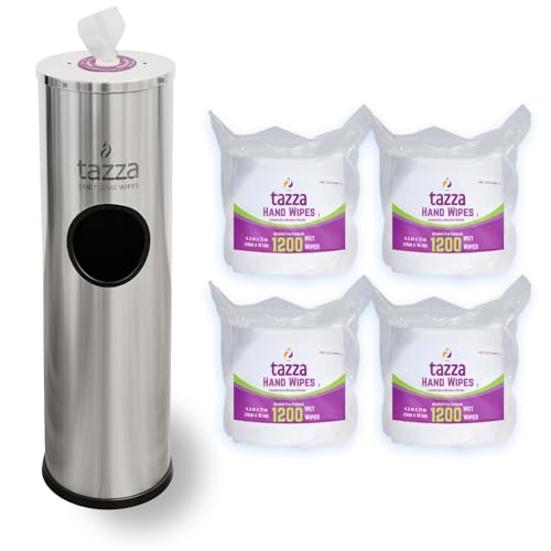 Tazza Stainless Steel Gym Wipe Dispenser with Trash Bin and 4 x 1200 Count Fitness Equipment Wipes, 4800 Total Wipes, Commercial Floor Standing Wipe Station for Gyms & Fitness Centers