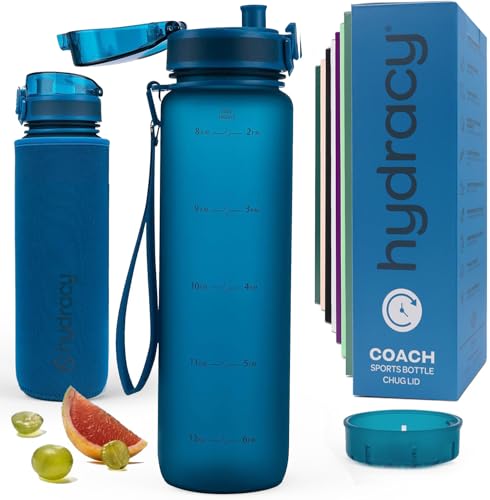 Hydracy 타임 마커 및 과일 인퓨저가 있는 물병 - BPA 프리 - 946.4ml(32온스) | 샘 방지 체육관 병, 마실 시간이 있고 땀이 나지 않는 슬리브 - 피트니스 스포츠 및 야외 활동에 이상적입니다 - color: 미드나잇 블루, size: 32온스