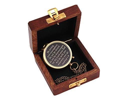 Compass – Brass Directional Vintage Compass Engraved with “Be Strong and Courageous” Joshua 1:9 Bible Verse, Baptism 2026 Communion Christian Inspirational Gifts for Women/Men - style: Be Strong - Wood Box