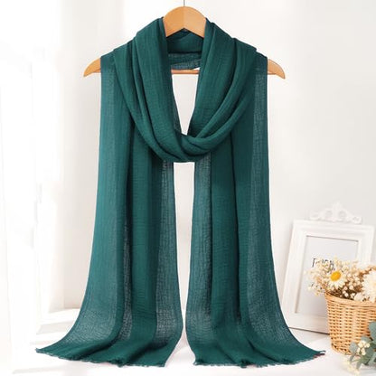 Nydotd Women Summer Cotton Linen Scarf Crinkle Long Beach Shawl Wrap hijab with Fringe - color: Dark Green