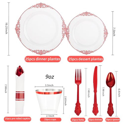 Hioasis 175pcs Clear and Red Plates - Red Party Plates for 25 Guest, Include 50 Heavy-duty Plates(20% Thicker Than Standard), 25 Pre Rolled Gold Plastic Silverware Set, 25 Cups for Graduation - color: Clear and Red