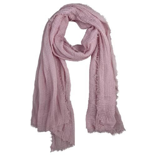Summer Cotton Blend Crinkle Vintage Soft Scarf with Fringed Edges 35" × 70" - color: Pink