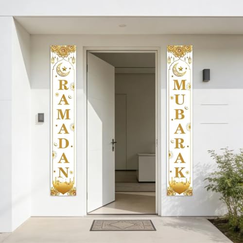 KYMY Ramadan Mubarak Porch Banners, 2PCS Islamic Door Hanging Decorations 70.9" x 11.8", Arabic Festival Polyester Banners with Crescent Moon & Mosque for Ramadan Kareem, Eid al-Fitr, Hajj Decor - color: White