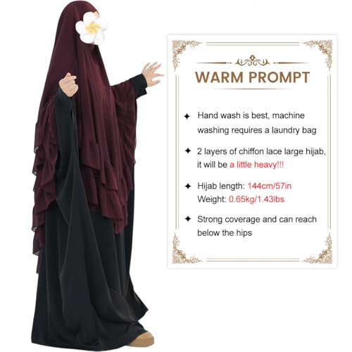 khalat Women's Hijab Chiffon Hijab for Women Muslim 2 Layers Ruffle Lightweight Large Hijab - color: Wine Red