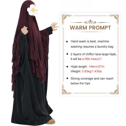 khalat Women's Hijab Chiffon Hijab for Women Muslim 2 Layers Ruffle Lightweight Large Hijab - color: Wine Red