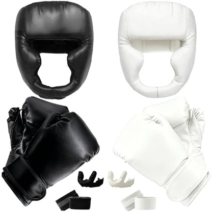 14 Pcs Boxing Set Boxing Equipment Set for Beginners Including 2 Pair of 6 oz Boxing Gloves Headgear Helmet Hand Wraps Mouth Guards Gifts Training Equipment - color: Black & White