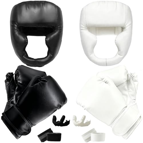 14 Pcs Boxing Set Boxing Equipment Set for Beginners Including 2 Pair of 6 oz Boxing Gloves Headgear Helmet Hand Wraps Mouth Guards Gifts Training Equipment - color: Black & White