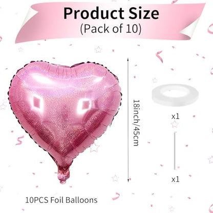 Laser Pink Heart Balloons, 10PCS Glitter Foil for Girls Birthday Valentine - color: Laser Pink