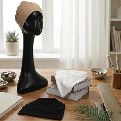 JJUNW 3Pcs Under Caps for Hija, Non Slip Hijab Undercap with Tie Adjustable Women Undercap Under Scarf（Black, White, Beige）