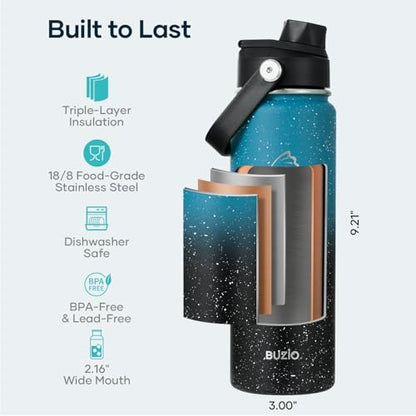 BUZIO 24 oz Insulated Water Bottle, Stainless Steel Wide Mouth Water Flask with Straw Lid, Cold for 48 Hrs Leak Proof Metal Hydro Thermo Canteen Mug, Dappled Navy Black - color: Dappled Navy Black, size: 24 Ounces