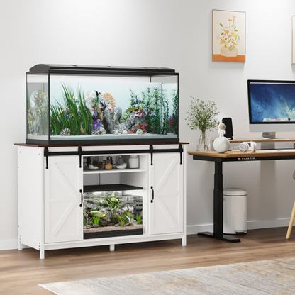 VOWNER Farmhouse 55-75 Gallon Fish Tank Stand with Power Outlet, Grey | Aquarium Stand with Storage Cabinet and Sliding Barn Door, Heavy Duty Reptile Tank Stand, for 2 Tanks, 1000LBS Capacity - color: White + Walnut