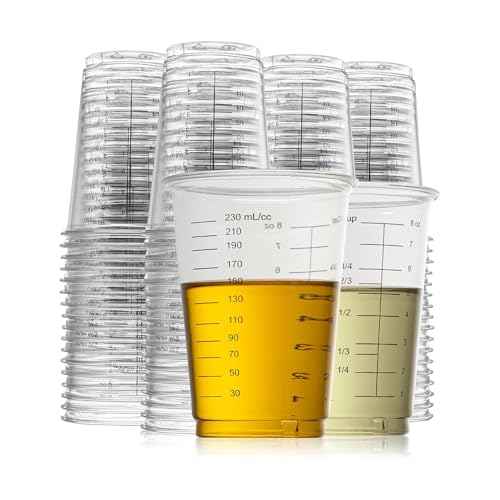 Prestee 50 Disposable Measuring Cups 8 oz - Plastic Paint Measuring Cups and Disposable Mixing Cups for Epoxy Resin - Versatile, Clear Measurement for Wet and Dry Ingredients for Baking and Crafting