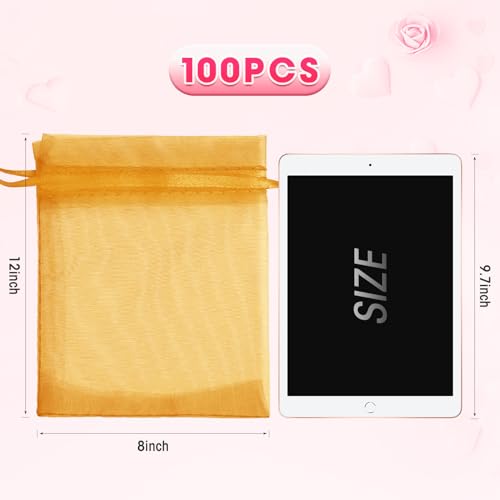 ANZNKU 100 Pcs Large Organza Bags 8x12, Gold Small Mesh Gift Bag Drawstring - color: Gold