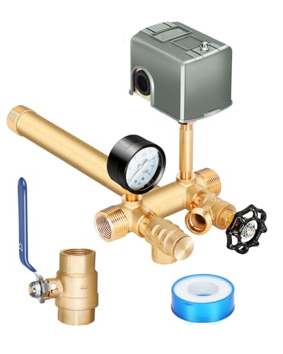 Miumoon 1"x 11" Well Pressure Tank Tee Kit with 40-60Psi Pressure Switch | Ball Valve, 100 Psi Pressure Gauge, Relief Valve, Drain Valve, Well Tank Tee Kit for Pressure Tank with Diameters Up to 16"