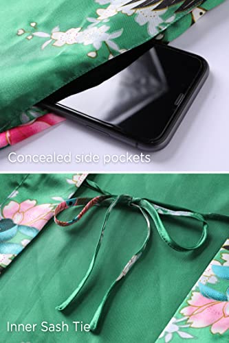 BABEYOND Women's Kimono Robe Long Satin Robes with Peacock and Blossoms Printed Kimono Nightgown - color: Green, size: One Size Plus