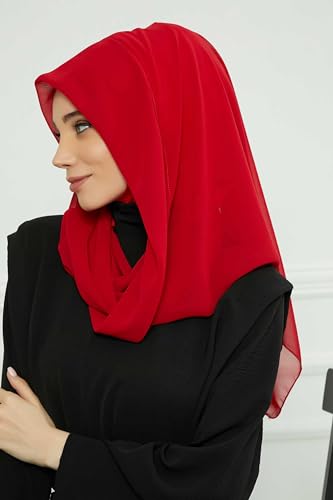 Aisha's Design Pre-tied Cotton-Chiffon Scarf for Women Practical Veil Instant Scarf Hijab Stylish Design - color: Red