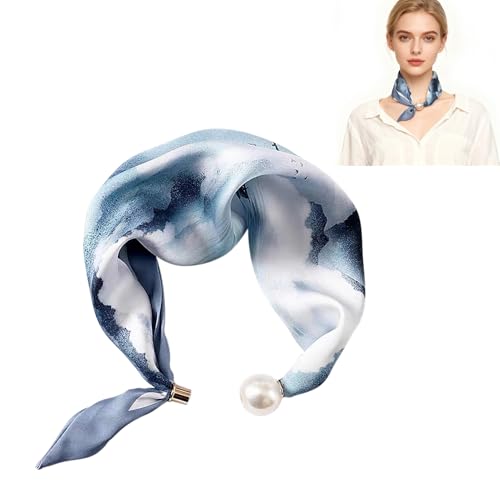 MIUPOO Magnetic Pearl Scarf,Satin Scarves for Women,Classic Printing Scarf,Elegant Neck Tie,Hair Bandanas Scarves,1 Piece. (1, light blue) - color: light blue