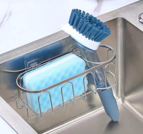 TESOT Sink Caddy Sponge Holder for Kitchen Sink 2 Suspension Options(Suction Cups and Adhesive Hook), SUS304 Stainless Steel, Silver