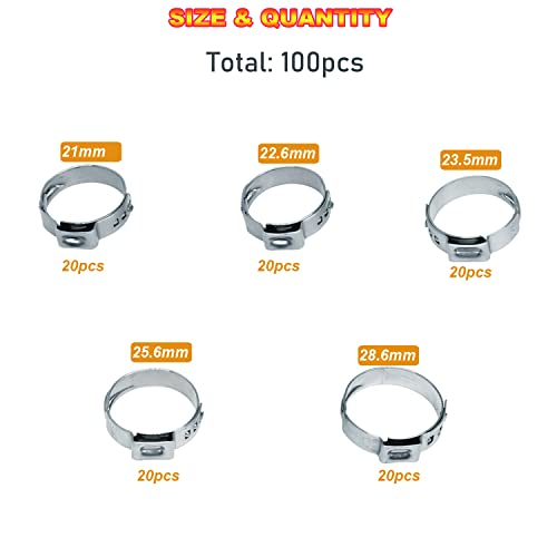 AKIHISA 100Pcs 5 sizes Single Ear Hose Clamps, 21-28.6 mm 304 Stainless Steel Pex Crimp Rings Kit, Crimp Hose Clamp Assortment Set for Securing Pipe Hoses and Automotive Use - size: 100Pcs (21-28.6mm)