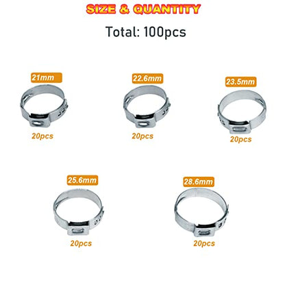AKIHISA 100Pcs 5 sizes Single Ear Hose Clamps, 21-28.6 mm 304 Stainless Steel Pex Crimp Rings Kit, Crimp Hose Clamp Assortment Set for Securing Pipe Hoses and Automotive Use - size: 100Pcs (21-28.6mm)