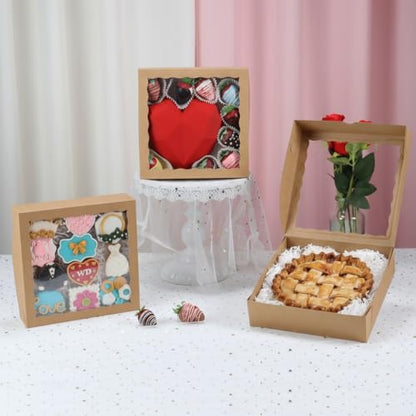 12Pack 9x9x2.5 Inches Kraft Brown Bakery Boxes,Pie Boxes with Clear Window Treat Boxes for Chocolate Strawberries, Pastries, Muffins, Donuts,Cookie,Breakable Heart - color: Brown