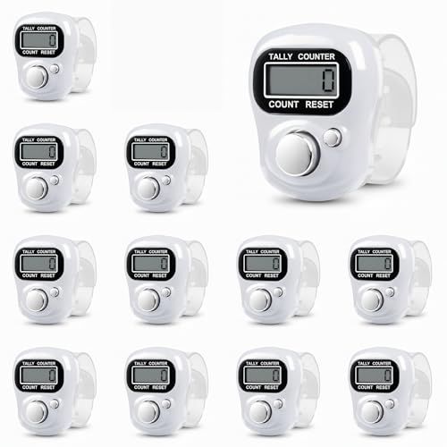 SET OF 12 White Digital Finger Counters | White Tasbih/Dhikr Counters | Resettable Electronic Tally Counter Ring LCD Display | Ideal for Counting Prayers, Golf Strokes, Inventory, Laps, Reps, Knitting