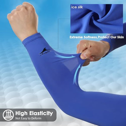 Achiou Cooling Ice Silk Arm Sleeves, Summer UV Sun Protection Compression Sleeves UPF 50+ for Women Volleyball Youth Sports - color: 2 Pairs: 1pair Black,1 Pair Royal Blue