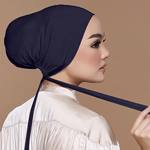 Chiffon Hijab with Undercap Fashion Solid Color Chiffon Head Wraps Under Scarf Caps Muslim Fashion Bandage - color: Dark Blue