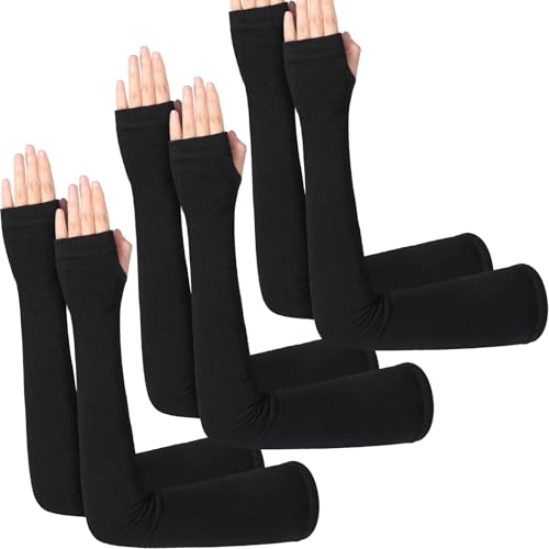 3 Pairs Sun Protection Arm Sleeves 23.6 Inch Long Fingerless Gloves for Women Cotton Arm Wrist Warmer with Thumb Hole - color: Black