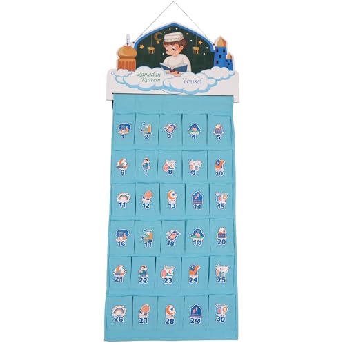 IEF Personalized Fabric Canvas Ramadan Advent Calendar Countdown Days of Ramadan Till Eid Ramadan Kareem Eid Mubarak Home Décor for Girls and Boys (Wall Decor, Blue) - color: Blue