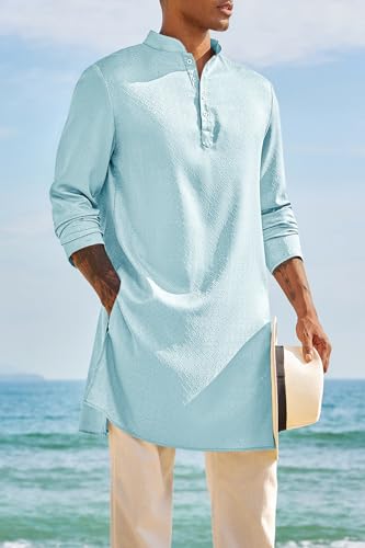 Runcati Mens Kaftan Thobe Textured Henley Shirt Long Sleeve Robe Casual Muslim Gown Shirt - color: Sky Blue, size: XX-Large