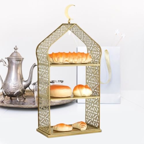 Ramadan Serving Tray 3 Tiered Metal Dessert Stand Cupcake Tower Cake Holder Stand Tiered Serving Tray for Islam Muslim Eid Mubarak Party Table Decor - size: 20*12*45cm